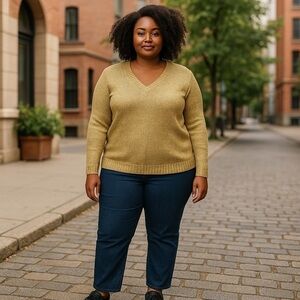 LAUREN RALPH LAUREN METALLIC GOLD V-NECK 3/4 SLEEVE RIBBED PULLOVER SWEATER